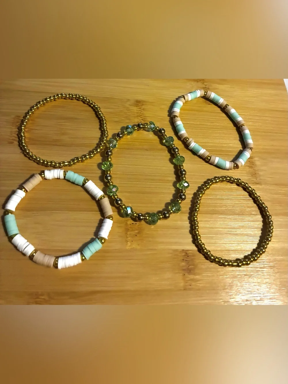 Gold and Mint Heishi Stackable Beaded Bracelet Set